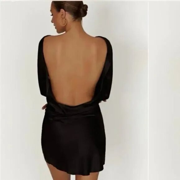 Meshki Davina Satin Black Long Bell Sleeve Mini Dress Black Size XS - Picture 4 of 10